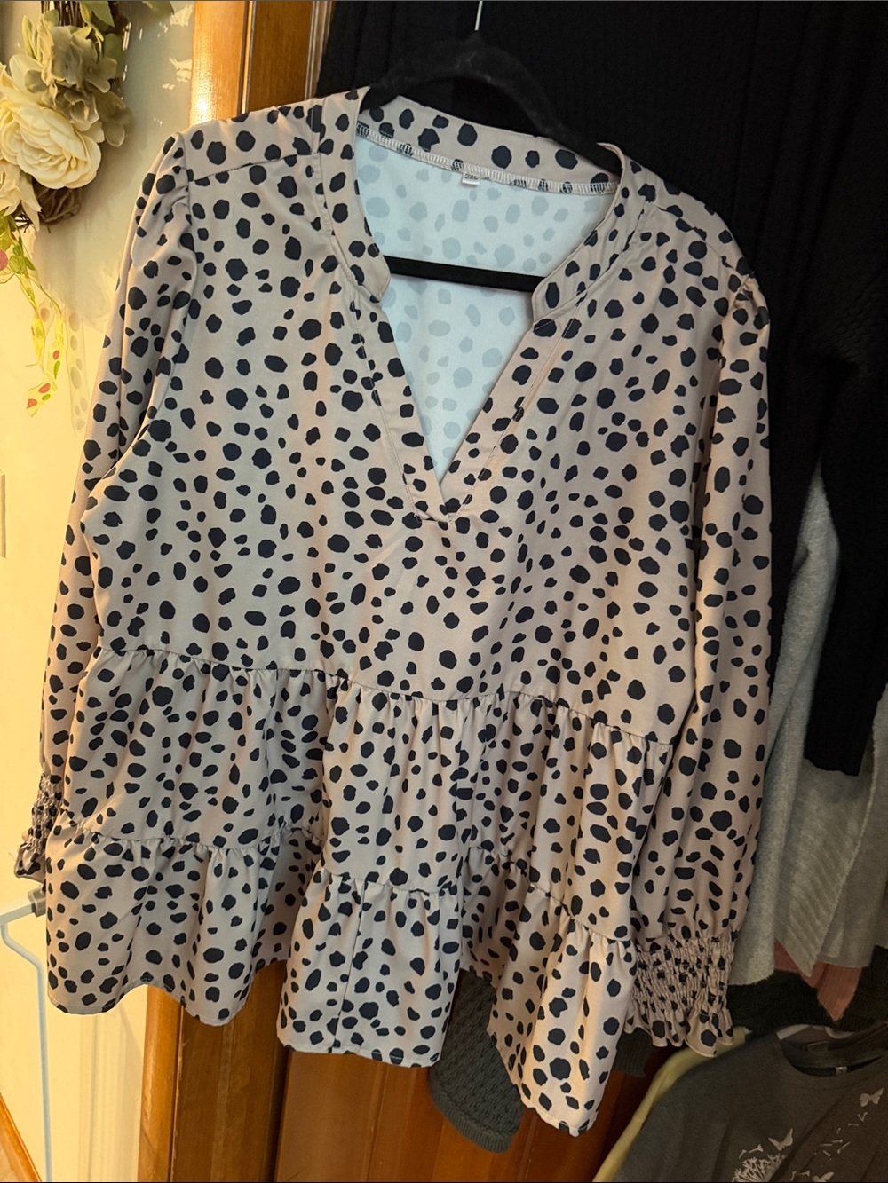Beige & Black Polka Dot Tiered Peplum Tunic